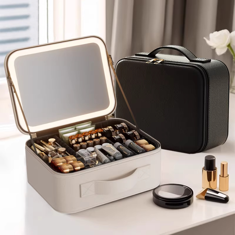 High-end lighted makeup box with mirror three-color LED lighting makeup bag for women new portable travel large-capacity container bag
