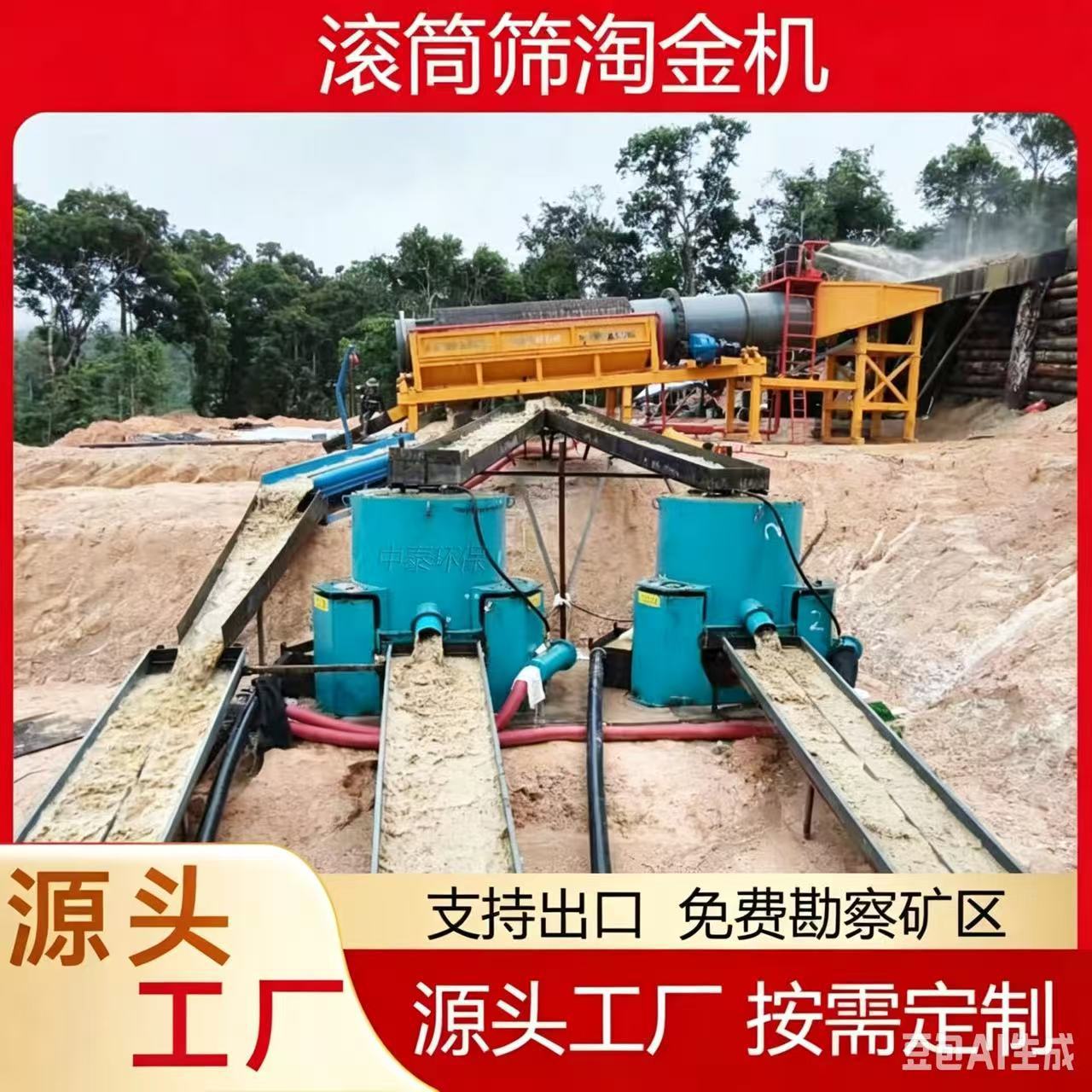 Gold‑panning equipment: placer gold concentrator, cylindrical ore‑washing machine, gold‑mining trommel screen, gold‑panning machine.