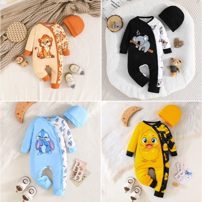 Cross-border exclusive—spring/autumn style adorable duck onesie for baby girls; fashionable printed jumpsuit for baby girls.