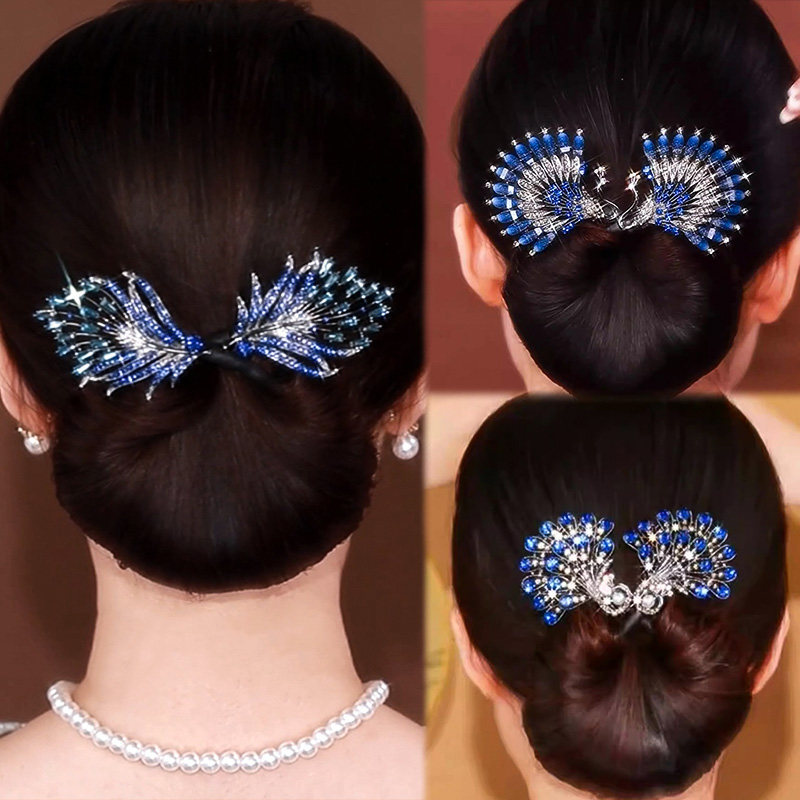 High‑End Elegant Blue Feather Rhinestone Hair Bun Maker, Lazy‑Style Flower Bud Hair Clip, Peacock Hair Styling Gadget, Headpiece