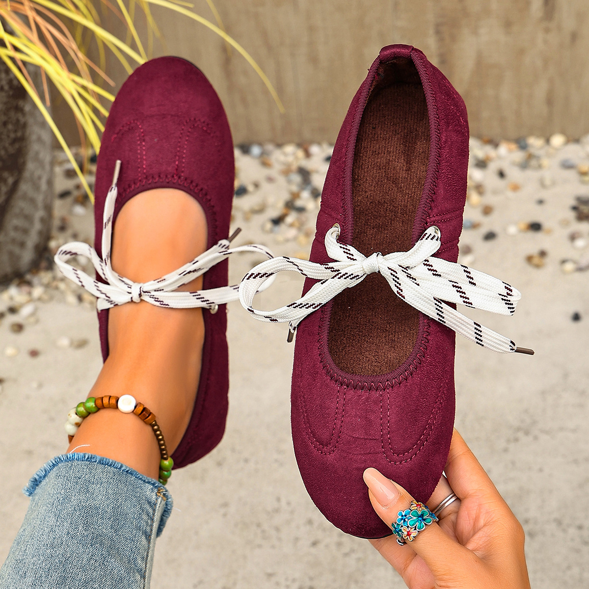 Amazon Cross-Border Women's Single-Layer Shoes, Fashionable Ballet Flats, 2026 Summer Low-Top Round-Toe Casual Lace-Up Women's Shoes Wholesale