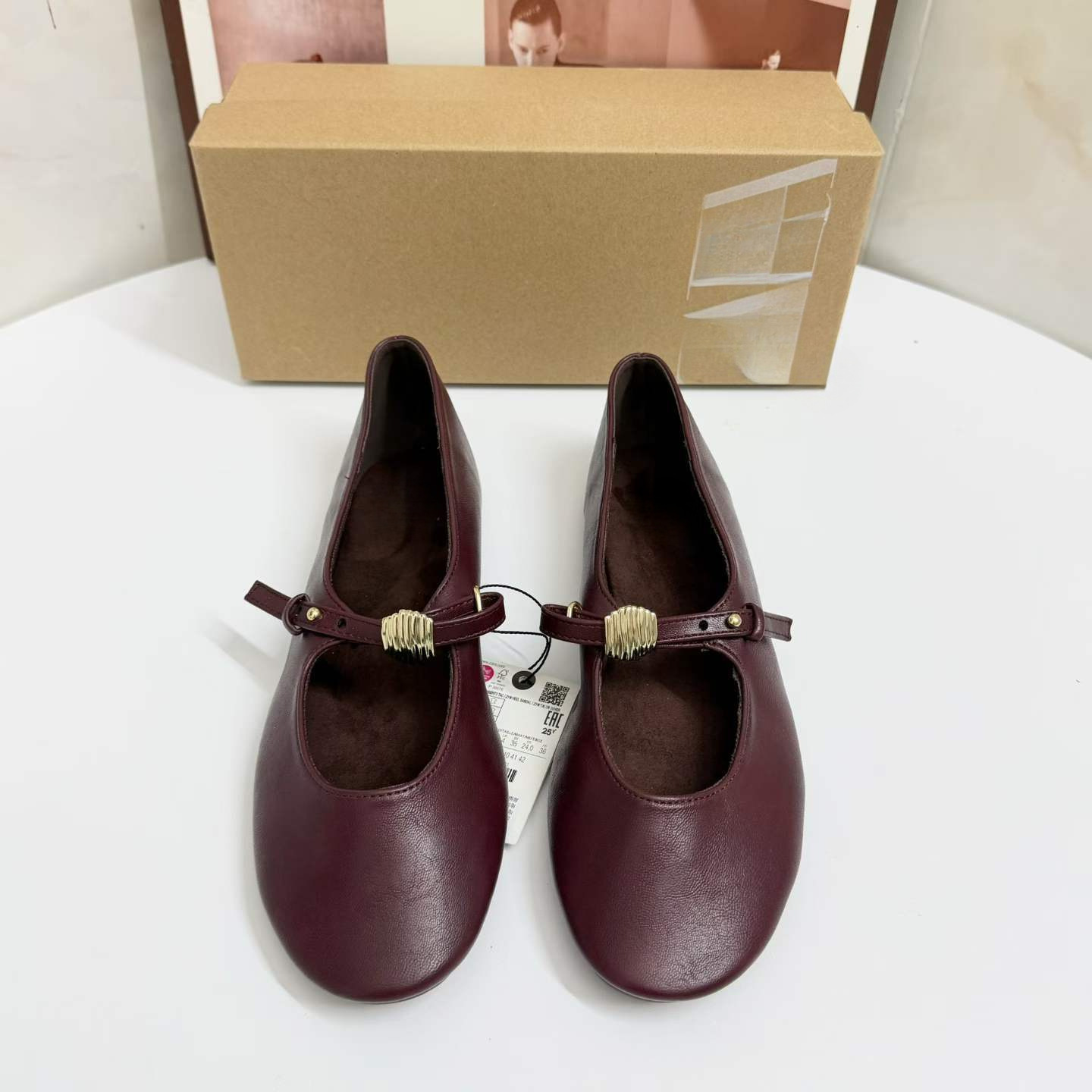ZA Wine-Red Flat Ballet Flats: 2026 Spring/Summer New Women’s Shoes—Soft Leather, Round-Toe Mary Jane Single-Layer Shoes