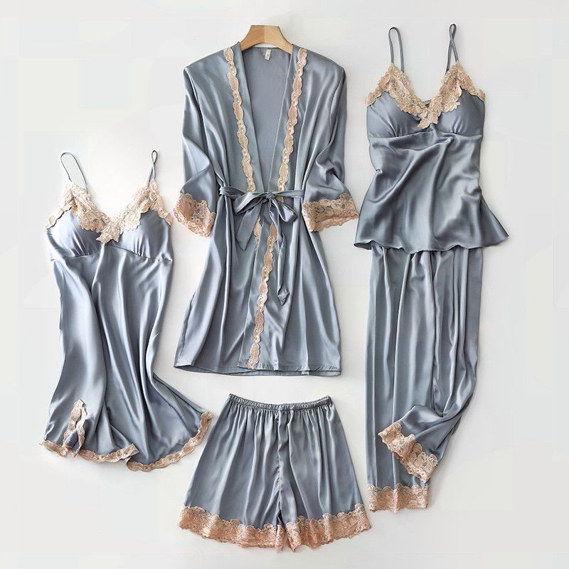 Panties women spring and autumn silk long sleeves dressing gown five sets of summer pureness wind v collar suspenders sleeping bags chest bags set