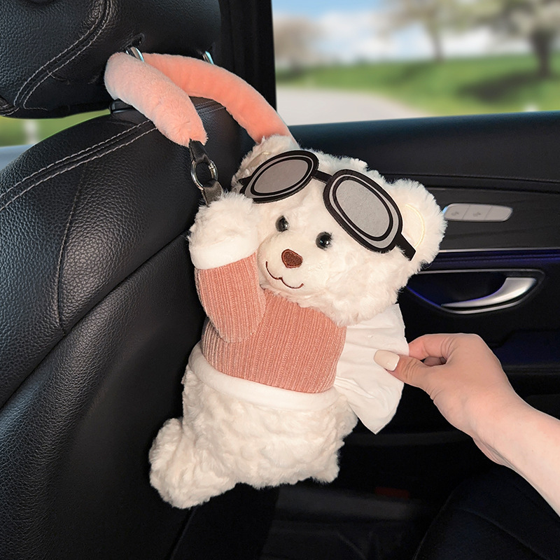 2025 new model car-mounted tissue box—hanging style, in-car paper dispenser, cute little bear doll, car-mounted tissue hanging bag