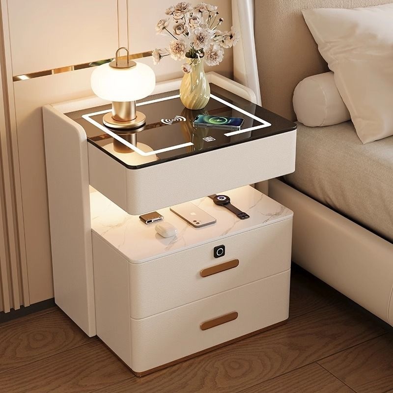 Solid wood smart bedside cabinets modern high end household bedroom bedside cabinets lightweight multifunctional wireless charging cabinets