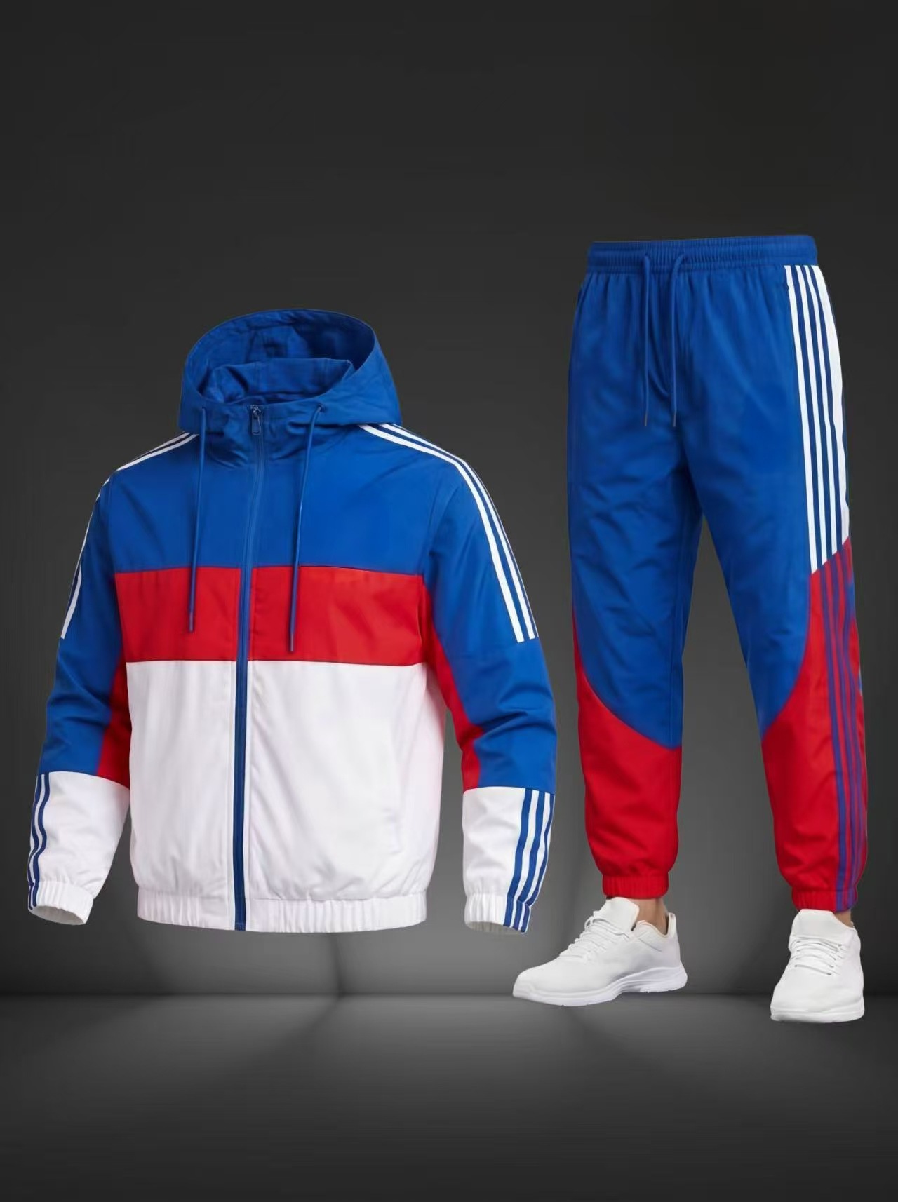 Factory-made men's casual sports suits, full-color spliced caps, windbreaker jackets, two sets of footguards