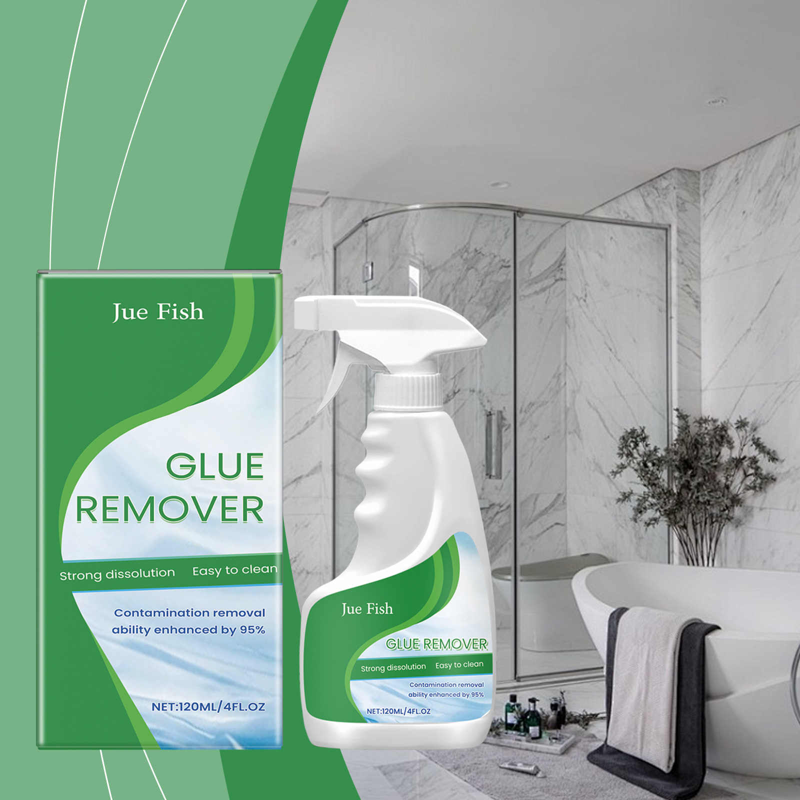 JUE FISH Household Adhesive Remover – Easy, Clean Removal of Sticker Residue from Glass Doors and Windows, with a Cleansing Spray