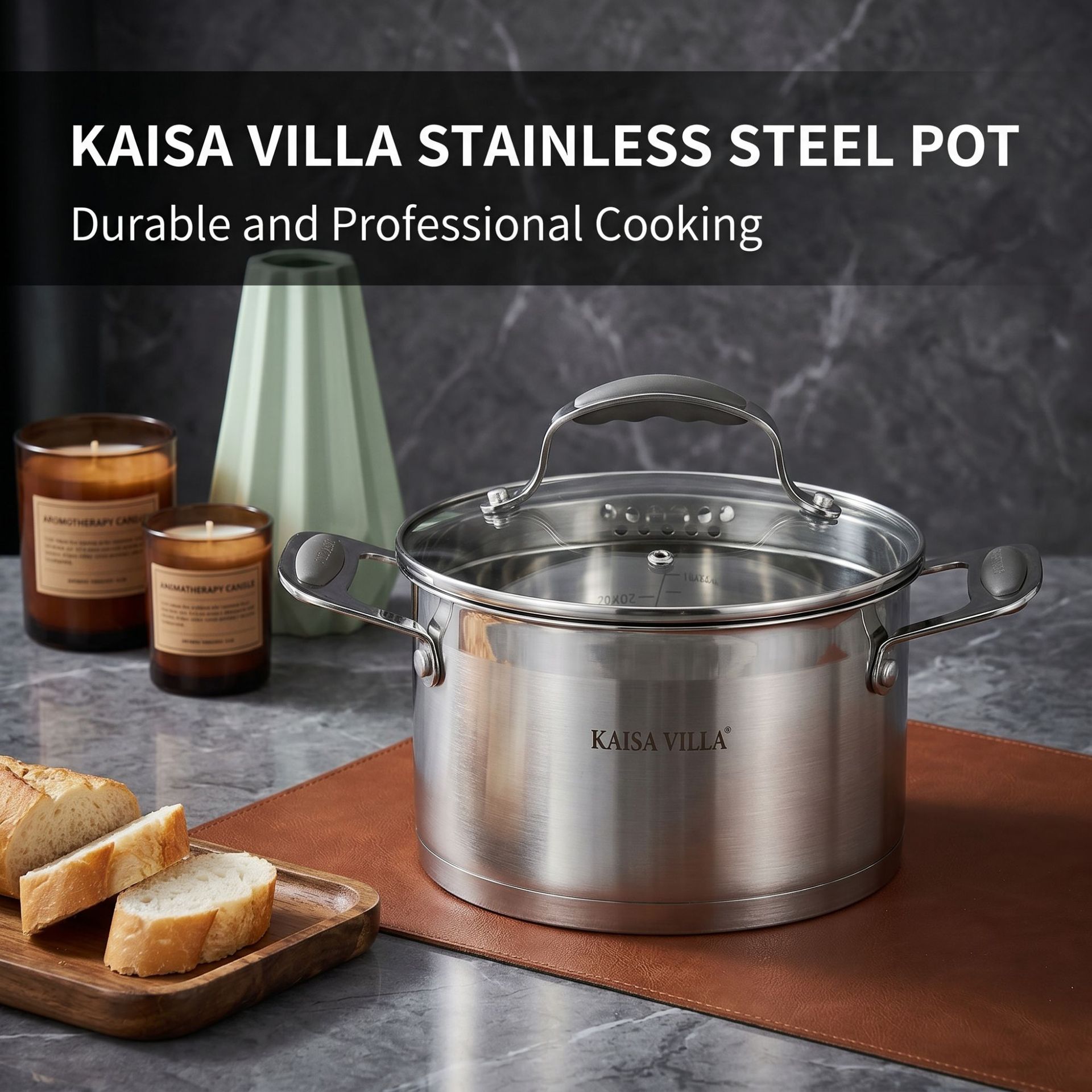 Food-grade 304 stainless steel soup pot, multi-layer composite bottom, double-handle braising pot—household cookware, manufacturer‑direct wholesale for international trade.