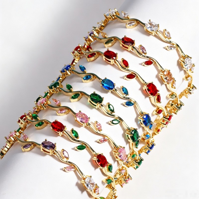 Cross-border style tulip flower bouquets leaf chains retro luxury colored diamond bracelets fashion high-feeling bracelets