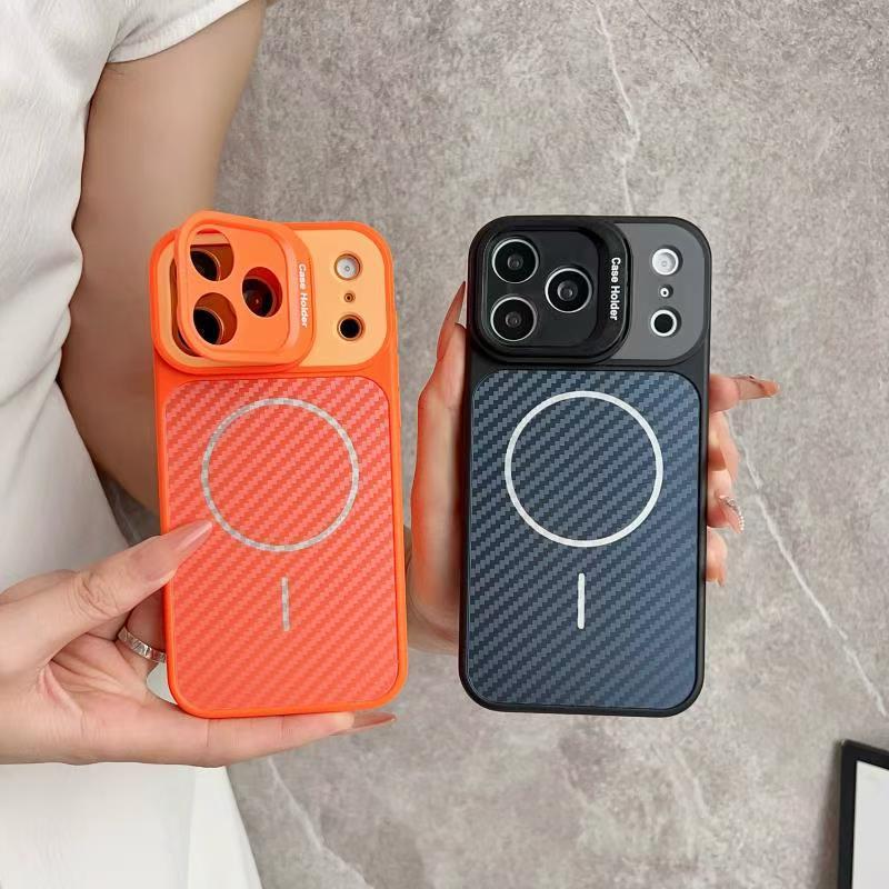 Lens Stand Phone Case for iPhone 18/17, Fluffy Velvet Color-Block Design, Golden Shield Carbon Fiber Stand Case