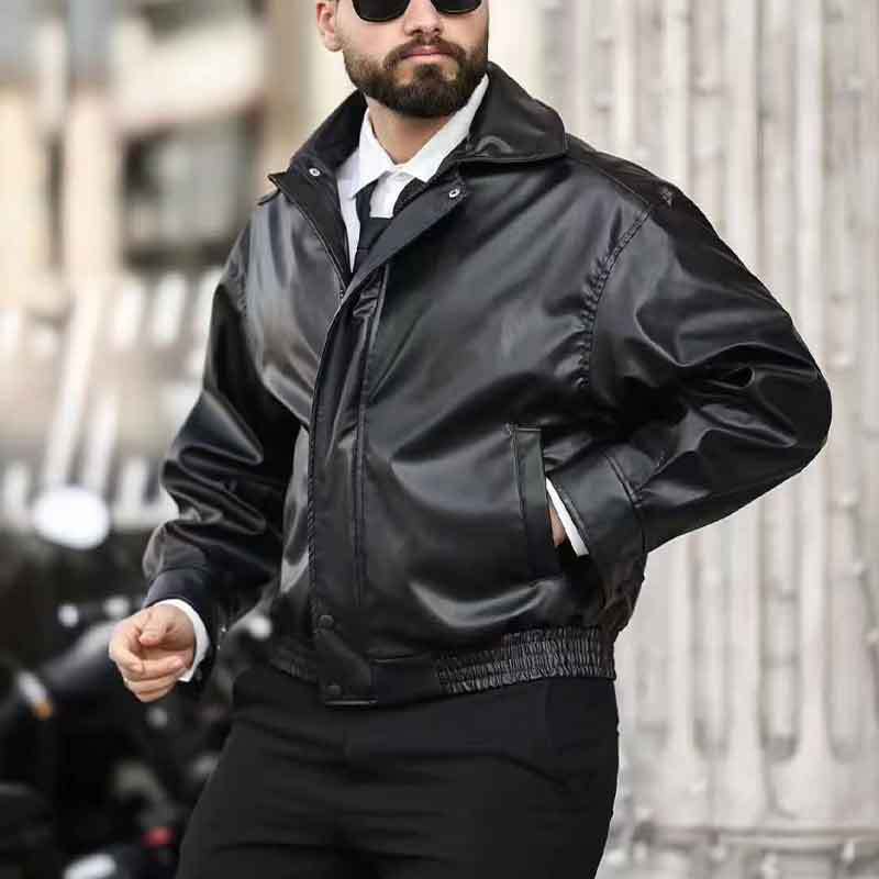 Autumn Cross-Border Amazon 3D Solid-Color American-Style Retro Leather Jacket, Men’s New Leather Bomber Jacket, Men’s PU Jacket Outerwear