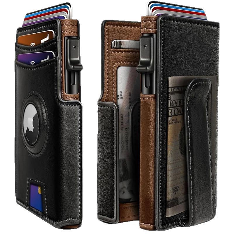 Cross-border Ultra-Thin Magnetic Flip Men’s Wallet, Airtag Color-Block Microfiber RFID-Proof Card Holder, Men’s Purse