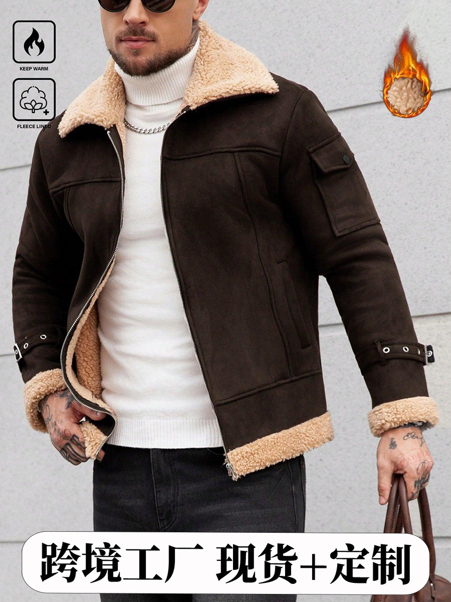 2026 Fall/Winter Cross-Border European and American Men’s Lapel Jacket, Fleece-Lined Coat, Trendy Loose-Fit Zip-Up Top for Men, 251101