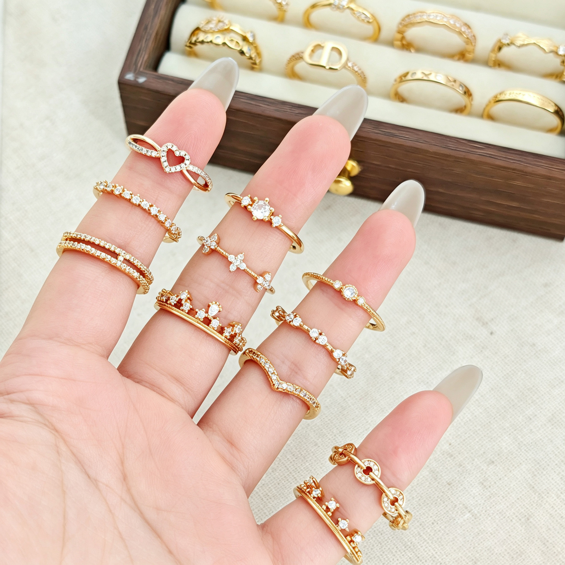 South Korean vintage gold diamond ring fashion light luxury popular high-end open-mouth jewelry ring