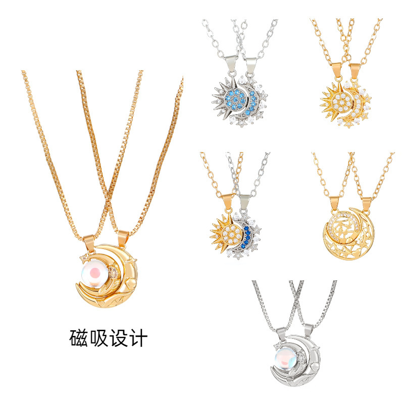Europe and America cross-border ins new moon sun couple necklace magnetic absorption sun moon lock chain for men and women Valentine's day gifts