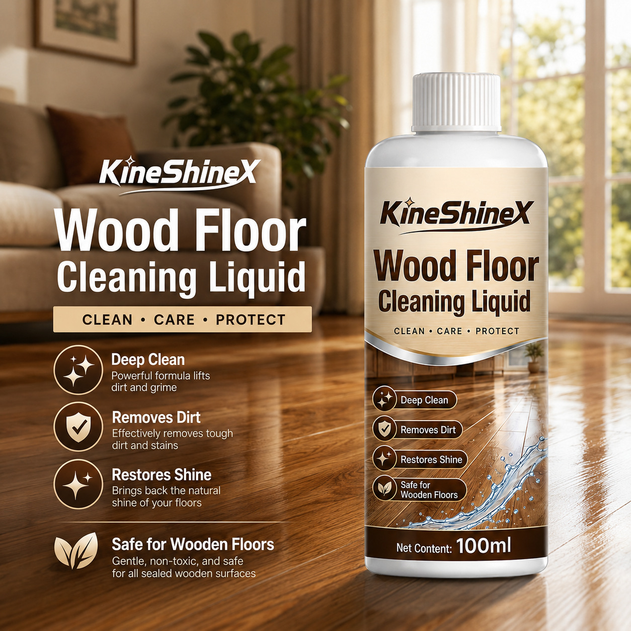 KineShineX solid wood floor cleaning and care solution—concentrated formula for removing stains and brightening sealed solid wood floors