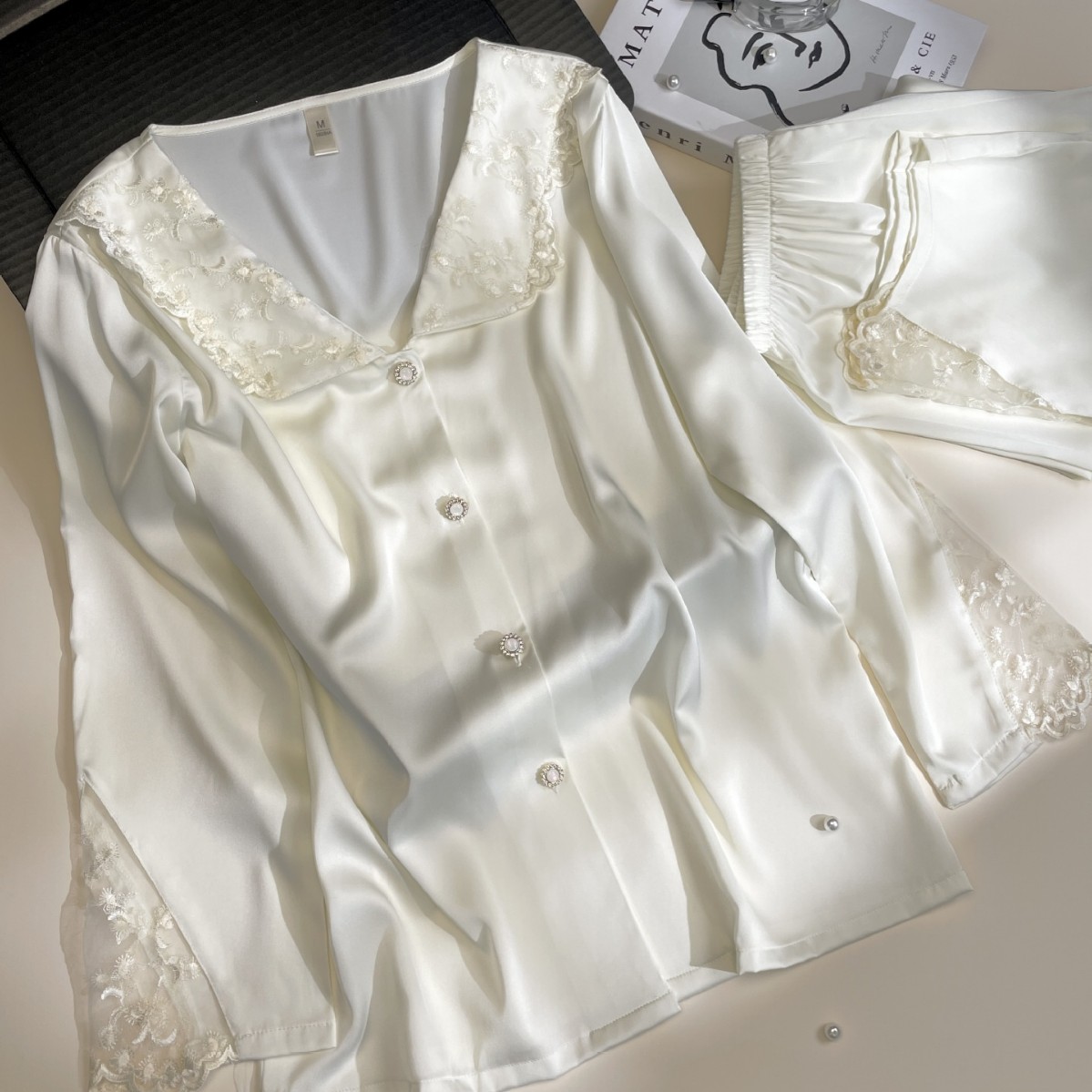 Embroidered Lace Lapel Pajama Set, Ice Silk Long-Sleeve Long Pants, Spring/Autumn Women’s Homewear, Internet-Famous Comfortable Korean Style