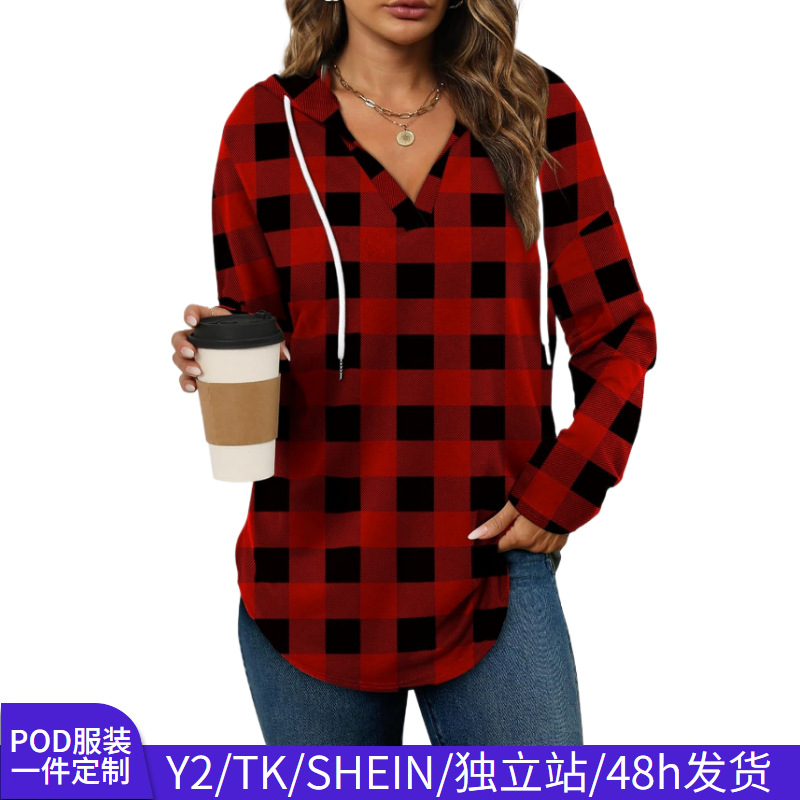 Cross-border vintage plaid V-neck hooded long-sleeve shirt for women, casual drawstring plaid top—sourced for Temu independent site.