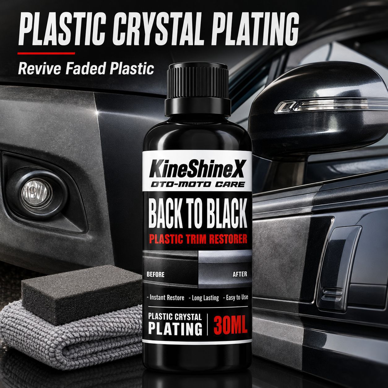 KineShineX Car Plastic Crystal Plating Agent—black plastic refurbishing and restoring agent for both interior and exterior surfaces, including bumpers and dashboards.