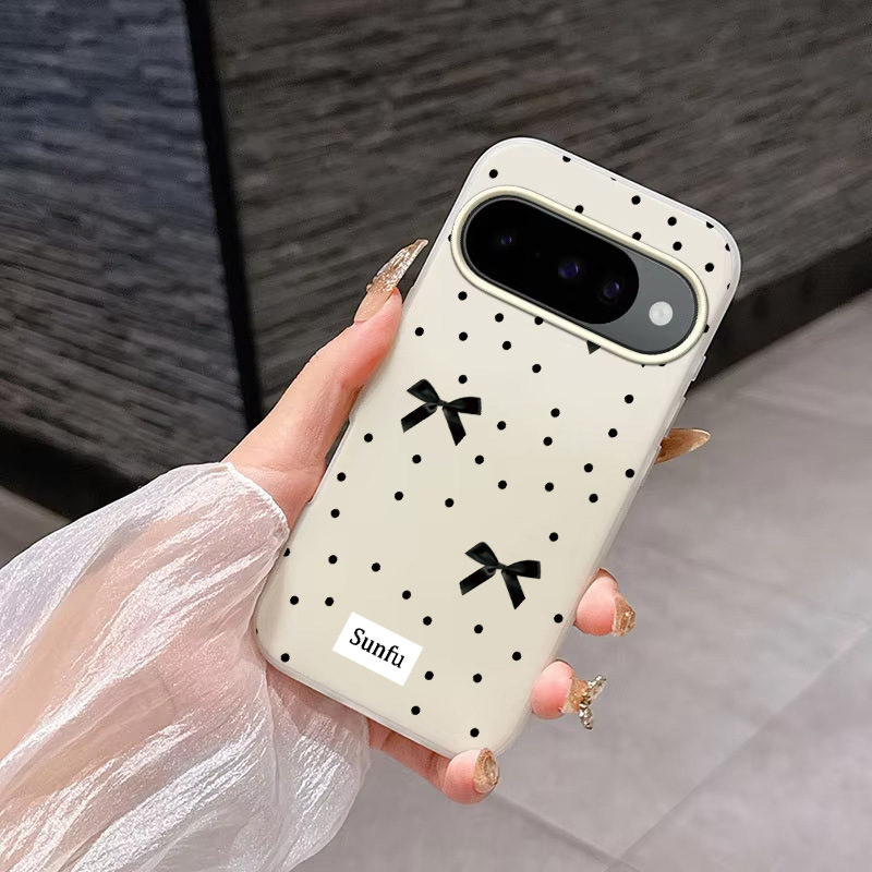 Black dot bow‑knot compatible with Google Pixel 7/7A/8Pro phone cases, 9Pro XL jelly‑style two‑in‑one, and 10.
