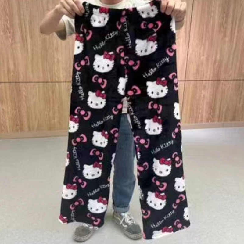 Cartoon Cat Flannel Pajama Pants for Women, Autumn/Winter New Arrival, Coral Fleece Thickened and Padded for Warmth, Casual Loungewear