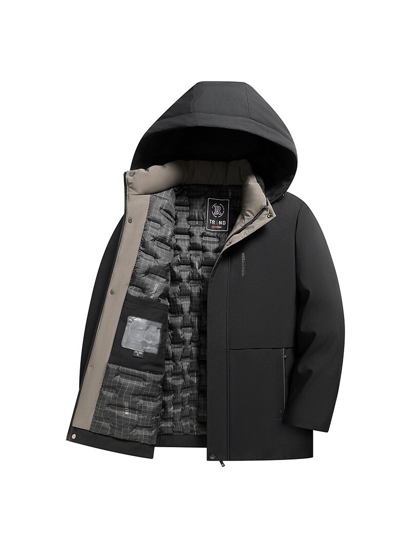 Men’s Winter Thickened Hooded Cotton-Padded Coat, Warm Middle-Aged Dad’s Outfit, Black Mid-Length Parka Style