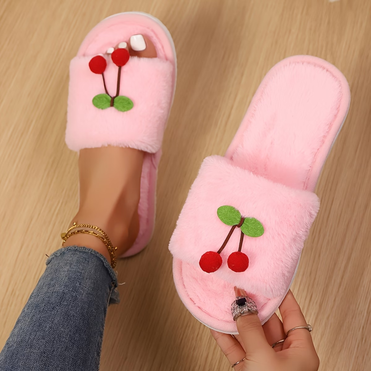 2026 New Cross-Border Furry Slippers for Women, Autumn/Winter Home Shoes, Flat-Soled Cherry Design, Outdoor Indoor Flip-Flops, Plush Style