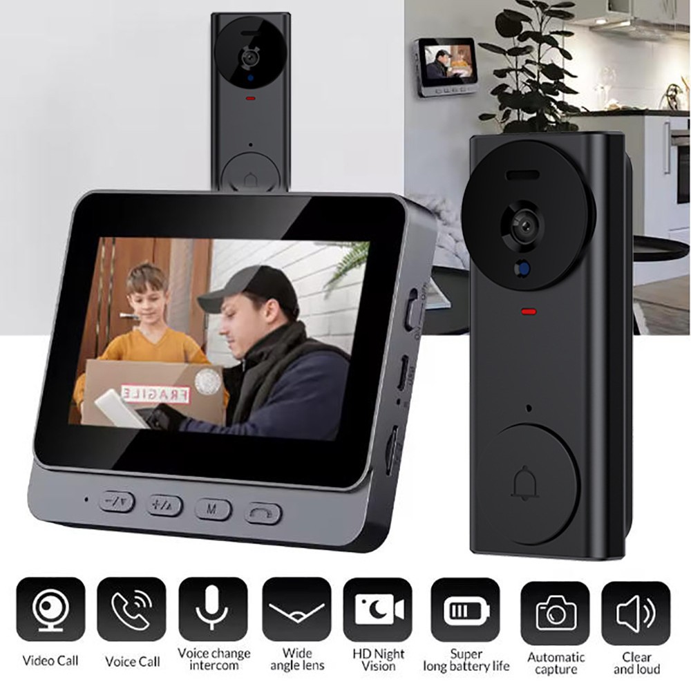 4.3-inch display smart video doorbell, wireless electronic peephole surveillance camera with intercom, no-drilling doorbell