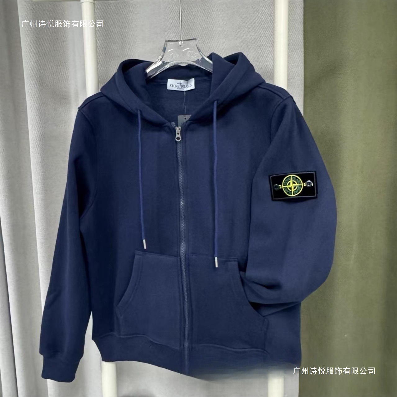 25 Cross-border Stone basic-style zip-up hooded sleeve patch fleece-lined unisex solid-color sweatshirt long-sleeve jacket