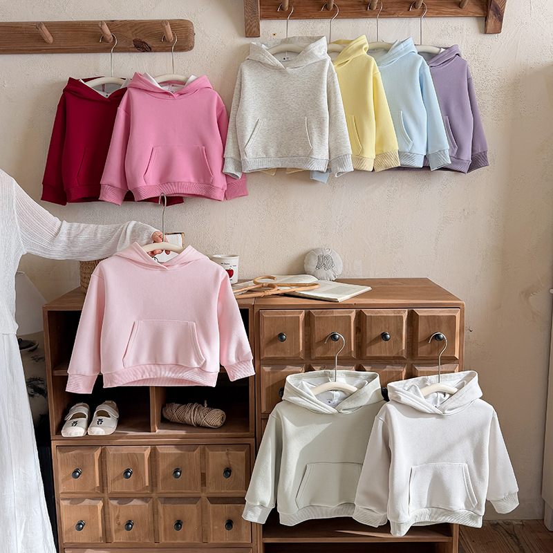 Children's hooded sweatshirts pure color loose shorts spring and autumn men's and women's children's casual sweatshirts coats with thick sweets
