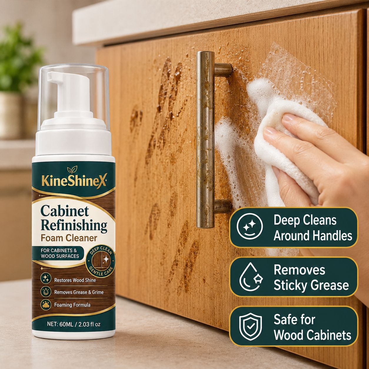KineShineX cabinet renovation foam cleaner—rich lather deeply removes grease, grime, and fingerprints