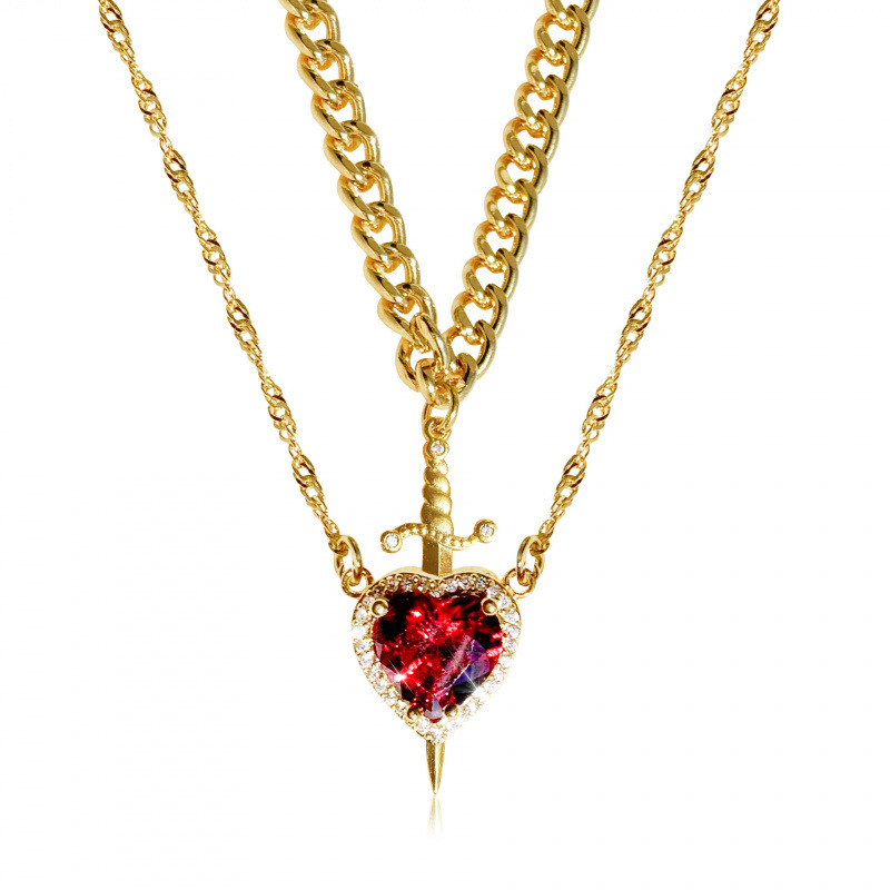 TK Heart and Sword Necklace Two-Piece Set, Copper with Zircon, One Arrow Piercing the Heart, Couple’s Necklace, Stainless Steel with Vacuum Gold Plating