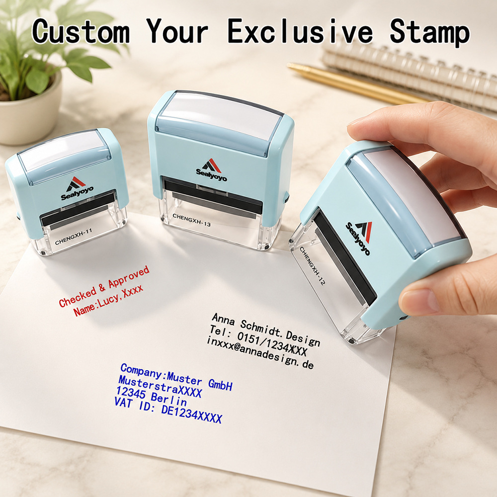 Customizable stamps with your own designs or text—automatic ink‑applying, rectangular-shaped, available for wholesale as Amazon‑ready finished products.