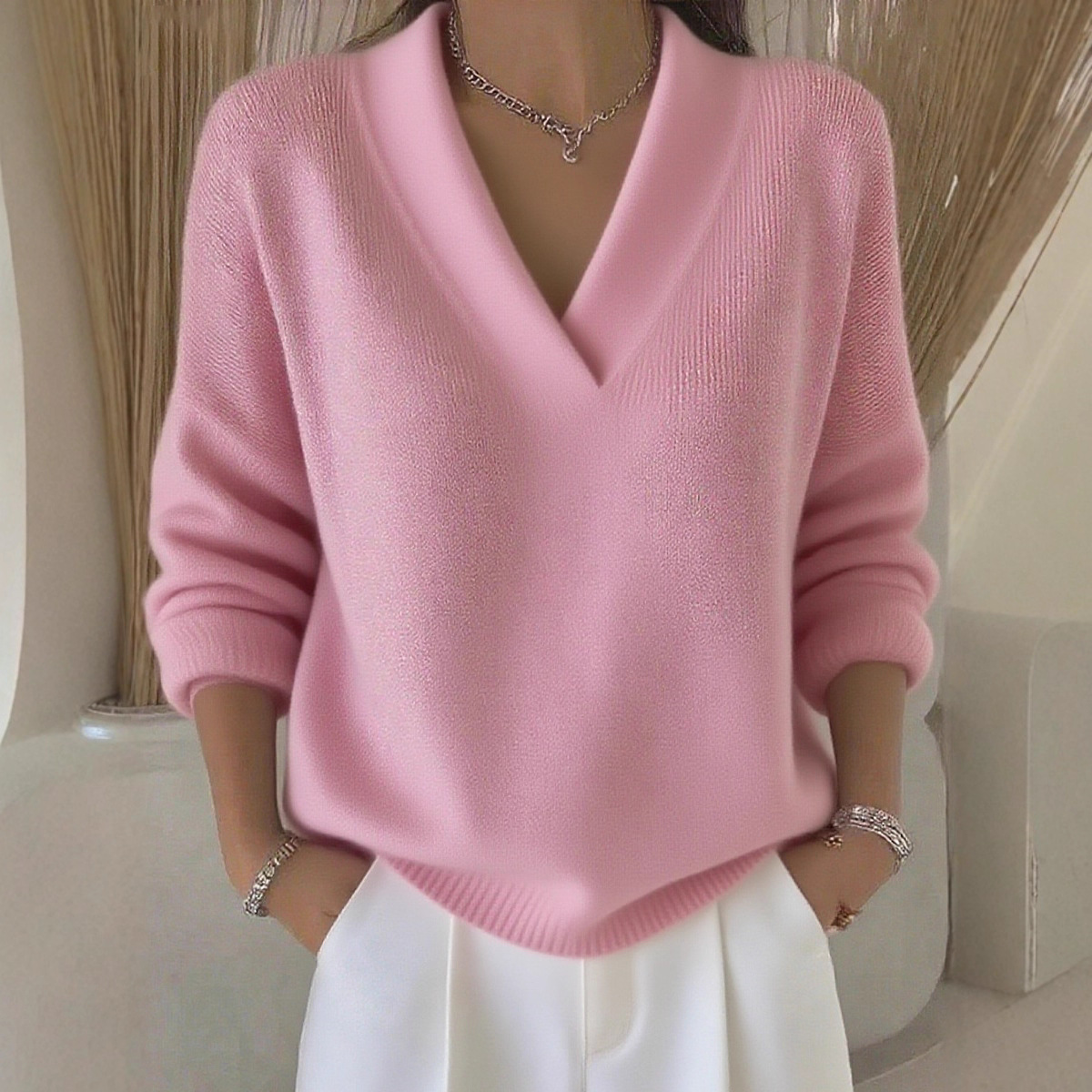 2026 European and American knitted v-collar loose sweater Autumn winter new cross-border pure color casual fashion women's knitwear