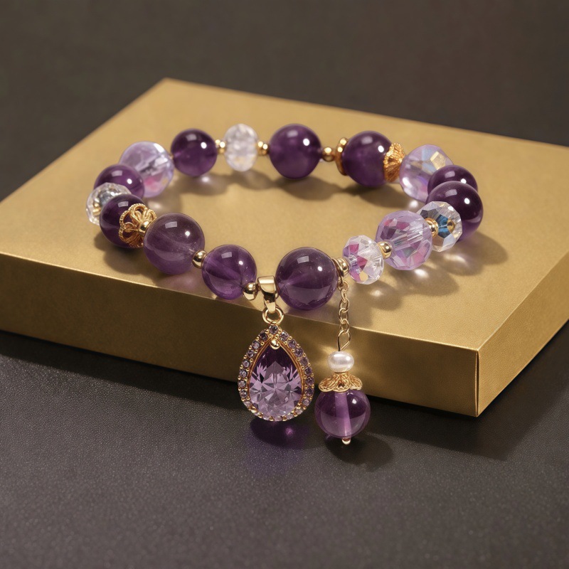 TikTok Live Hot-Selling Lucky‑Fortune‑Turning Faux Amethyst Water‑Drop Pendant Bracelet for Women, Holiday Gift Wristband
