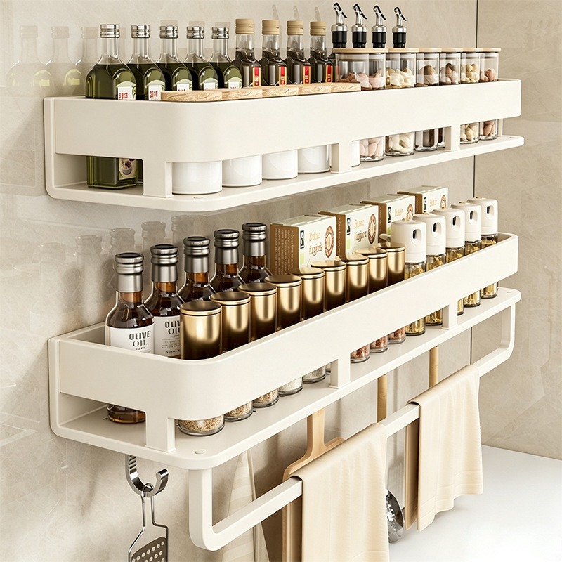Cream white kitchen cabinets with wall-mounted non-perforated wall-mounted seasoning racks, multi-functional household containers for seasonings