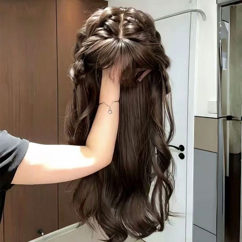 Koni Hairpiece, Braided and Curly Full Wig, Slimming, Versatile, Long Style with Bangs, Sweet Princess‑Style Wig Cap