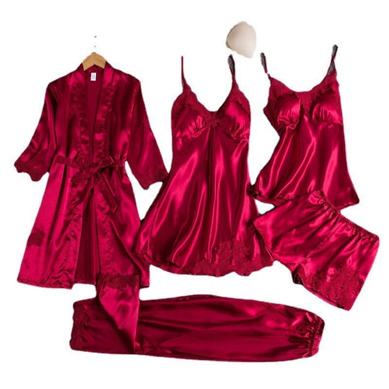 New women’s summer pajamas: ice silk, sexy and sizzling, adult spring/autumn long-sleeved thin robe, five-piece set.