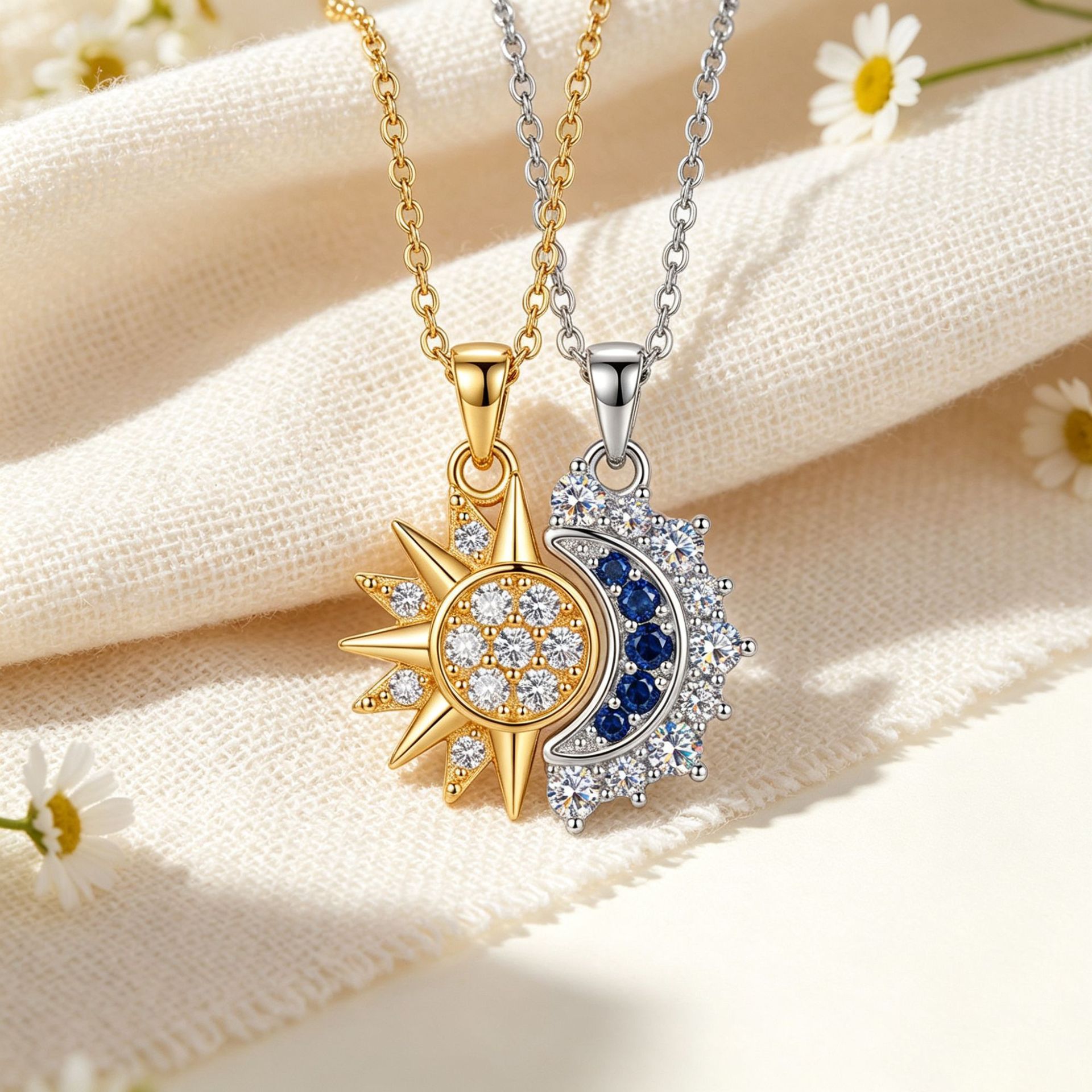 Cross-Border European and American Sun and Moon Together Shining Necklace for Women, Diamond-Inlaid Sun and Moon Pendant, Niche, Fashionable, Light Luxury, Versatile, High‑End Appeal