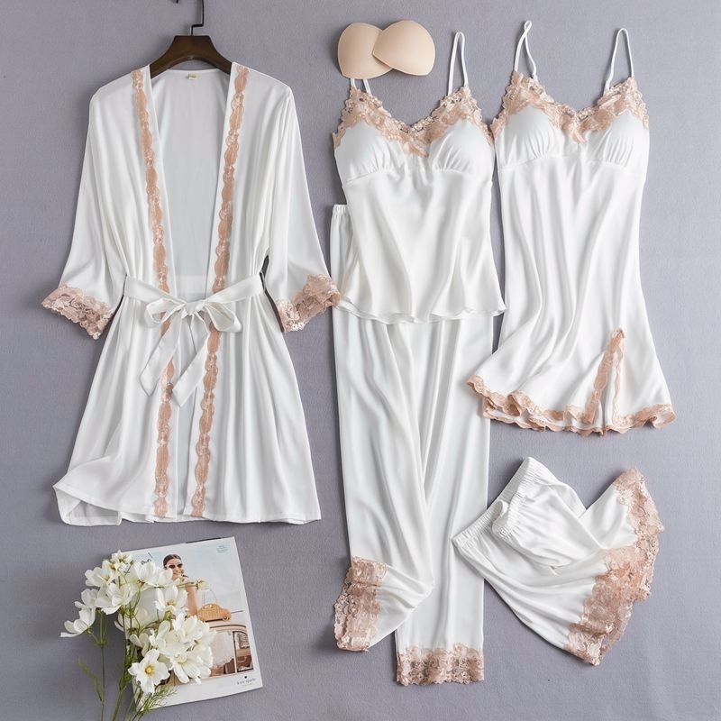 Women’s pajamas, new spring/summer 2026 design: ice-silk camisole robe and morning gown, five-piece set, suitable for wearing outside, sexy long-sleeve loungewear.