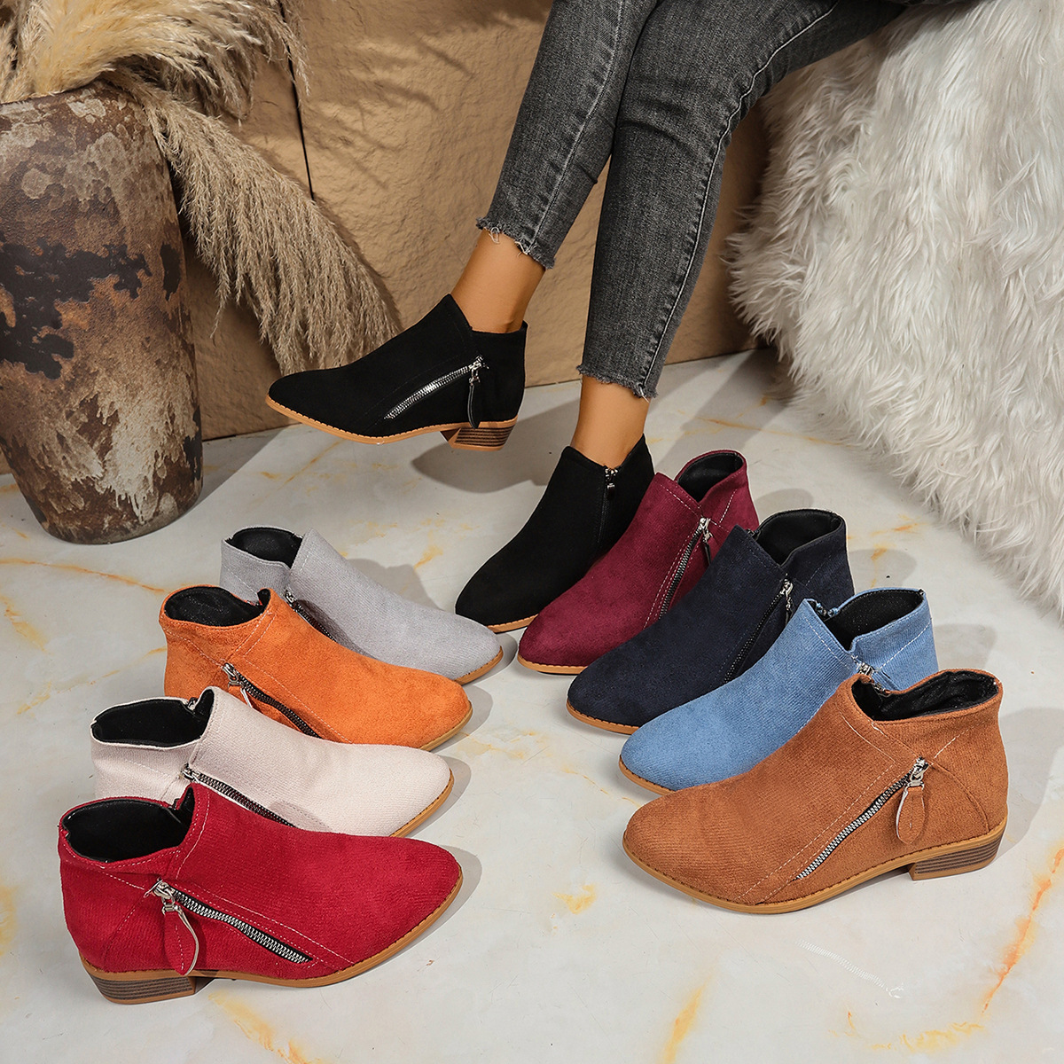 Independent Website Wish Foreign Trade Women's Shoes, New Chunky Heel Plus-Size Women's Boots, Suede Martin Boots, Low-Heel Side-Zip Short Boots for Women