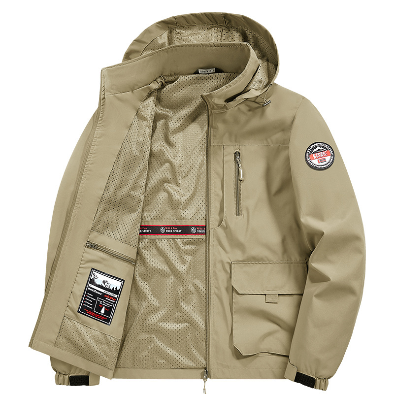 Cross-Border Men’s Windbreaker Jacket, Spring/Summer New Trendy Hooded Jacket, Casual Wear, Multi-Pocket Thin Style for Men