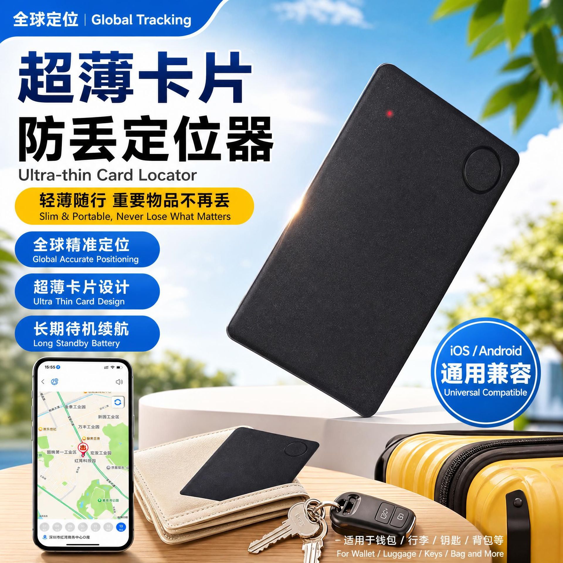 Ultra-thin card-sized anti-loss tracker with historical trajectory tracking for wallets, backpacks, and documents