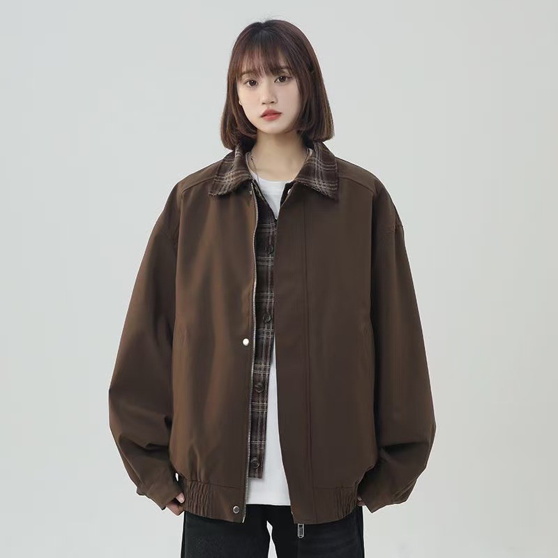 High Street Unisex Preppy-Style Retro Plaid Patchwork Lapel Fake Two-Piece Design Casual New Long-Sleeve Jacket