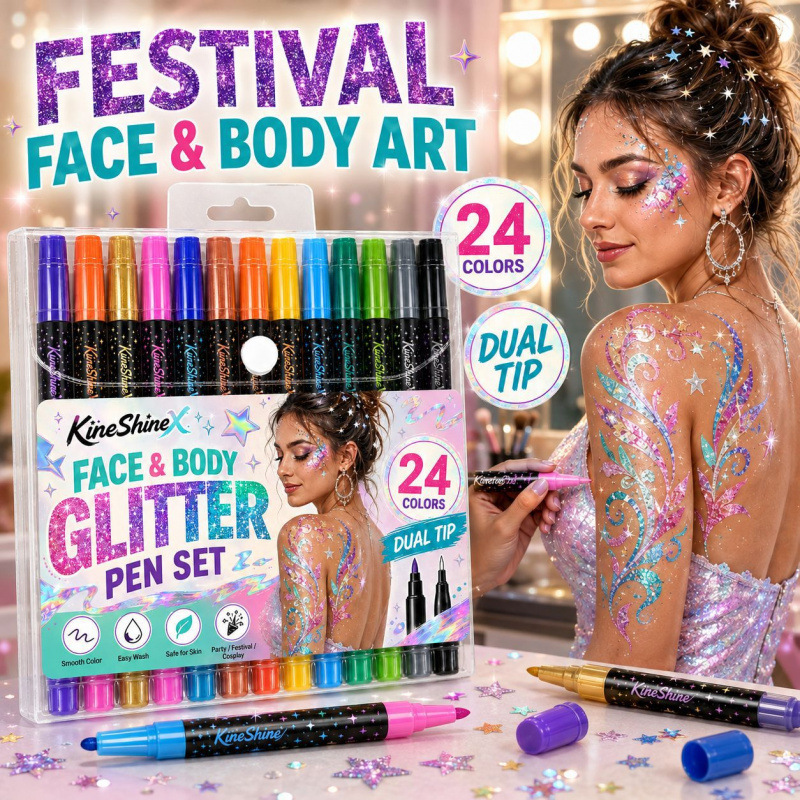 KineShineX Body Paint Glitter Markers, 24 Colors, Dual-Headed Colorful Sequin Pens for Face and Arm Art