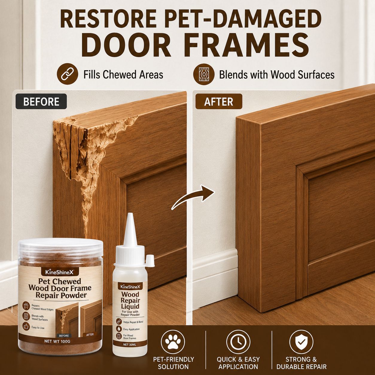 KineShineX Wood Door Frame Pet Bite Repair Kit, 100g Wood Defect Filling and Leveling Repair Powder