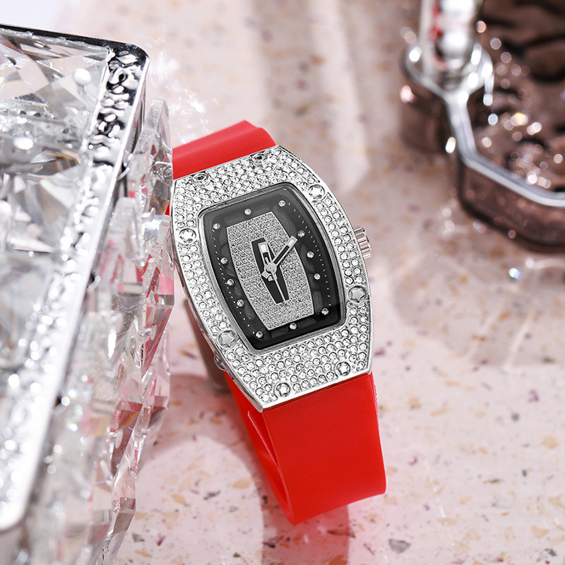 Wine Barrel‑Shaped Quartz Women’s Watch, Elegant Ladies’ Wristwatch, Silicone Dial, Fashionable Trendy Quartz Model, Popular Diamond‑Encrusted Style