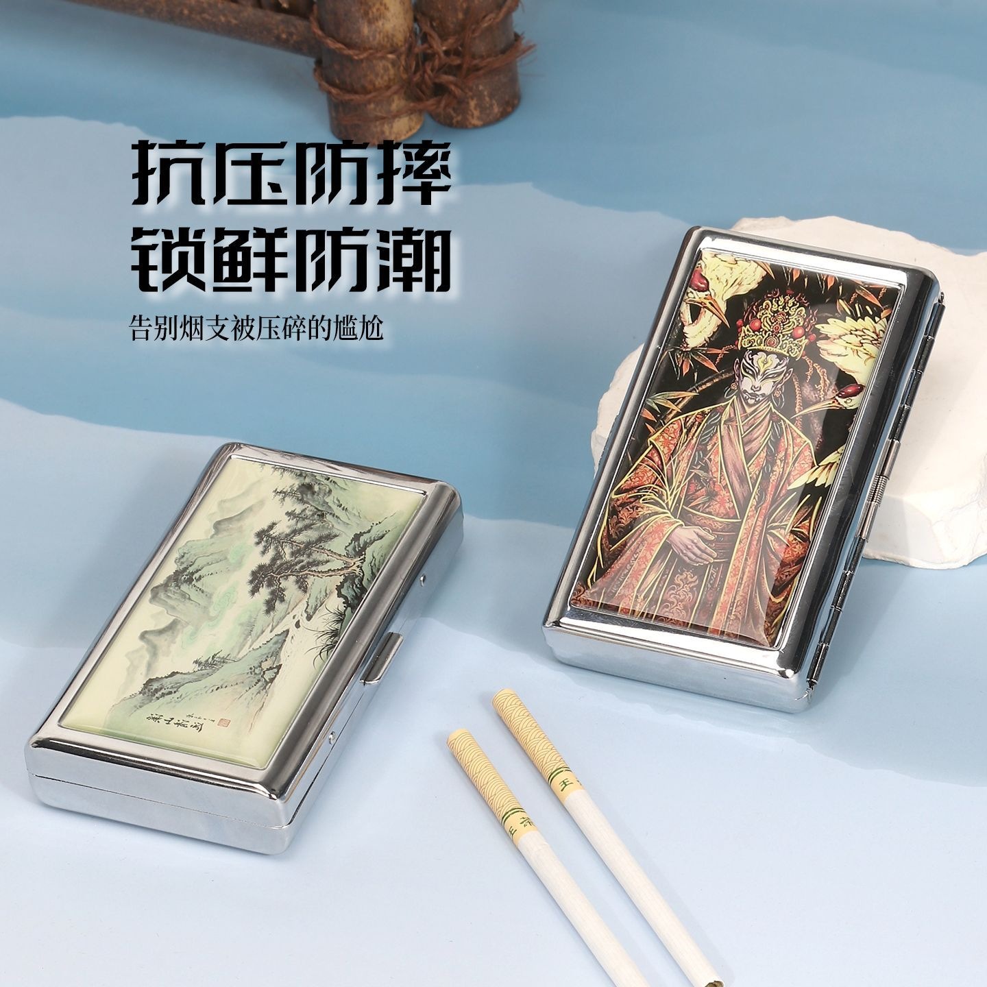 Metal cigarette case, crush-resistant and drop-proof, holds 14 thick cigarettes or 20 slim cigarettes, with a split-opening epoxy sticker design—portable cigarette box.