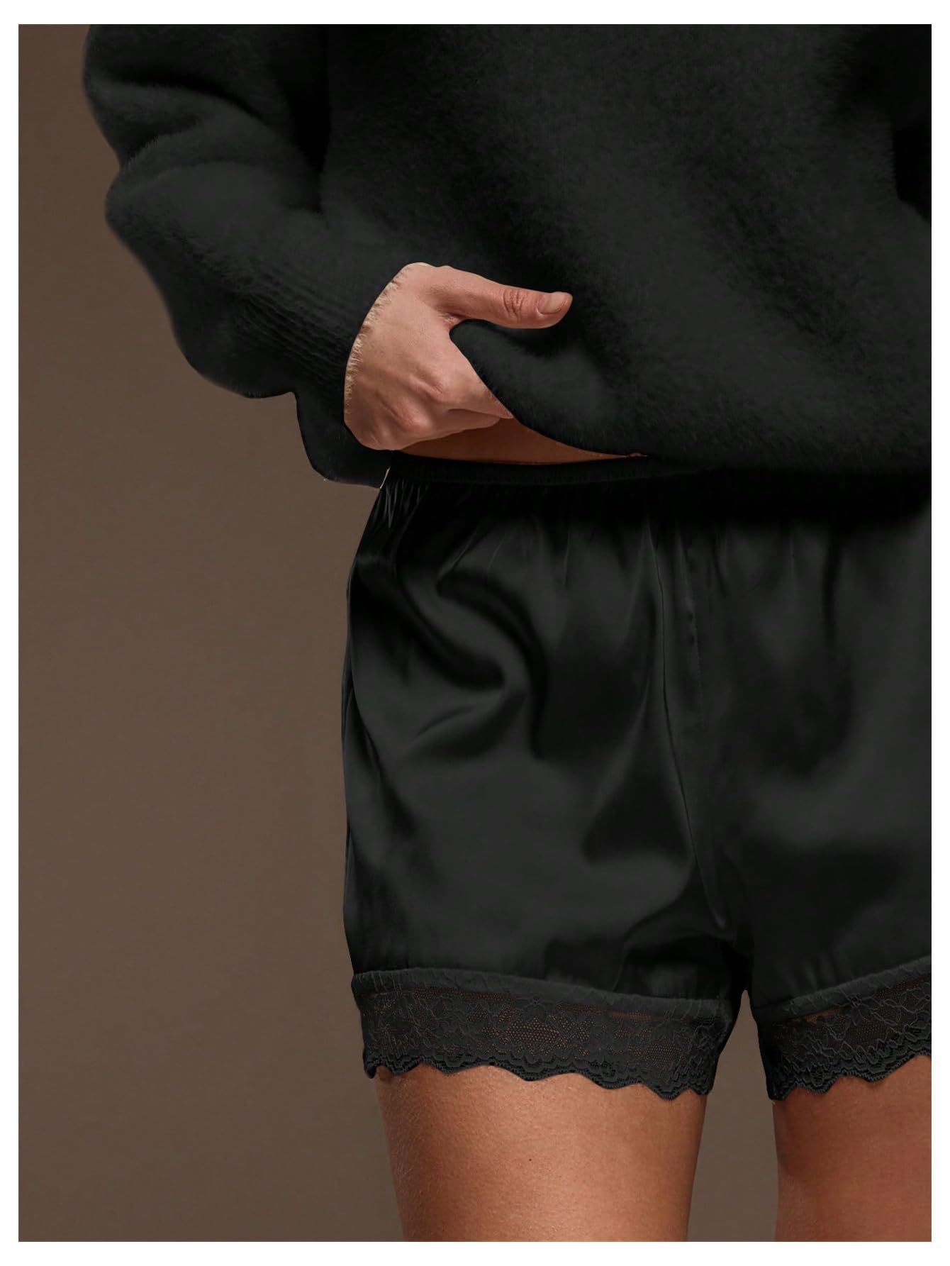 2026 European and American Amazon Women’s Solid Color Lace-Trimmed Satin Glossy Stretch-Waist Mini Shorts French Style Shorts