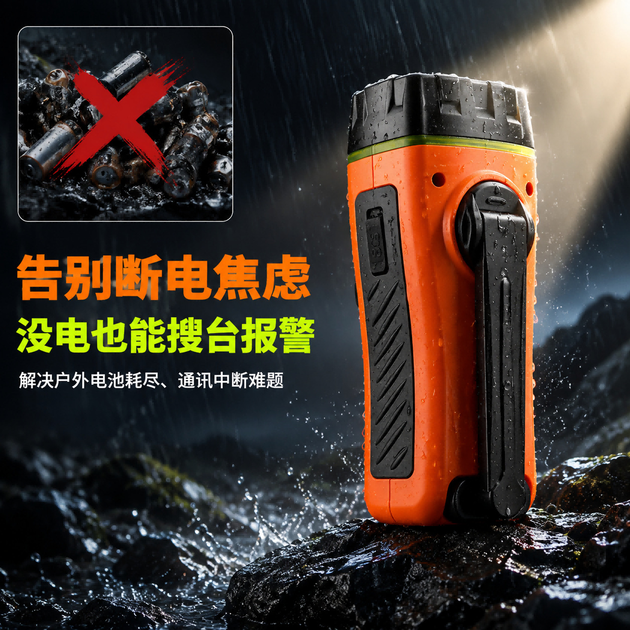 Hand-crank flashlight, emergency FM radio with alarm, hand-crank outdoor shockproof waterproof rechargeable radio